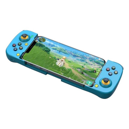 D3 Telescopic Controller for Everyday Mobile Gaming Sessions — blue telescopic smartphone gamepad shown with open-world game on screen, easy-attach portable controller