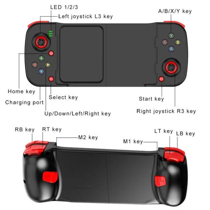 D3 Telescopic Controller for Everyday Mobile Gaming Sessions - telescopic smartphone gamepad with labeled buttons, joysticks, shoulder keys and charging port