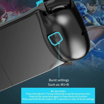 D3 Telescopic Controller for Everyday Mobile Gaming Sessions showing close-up burst settings M1 button on black controller