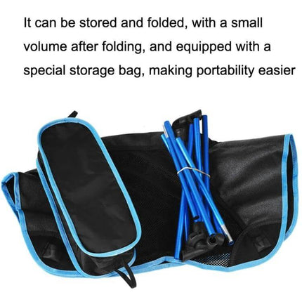 Portable Folding Chair For Outdoor Camping And Beach Relaxation folded in compact storage bag with blue frame and nylon mesh panels