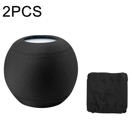 Smart Speaker Dust Cover For Home Shelves And Tables shown in black breathable elastic fabric protecting small round speaker