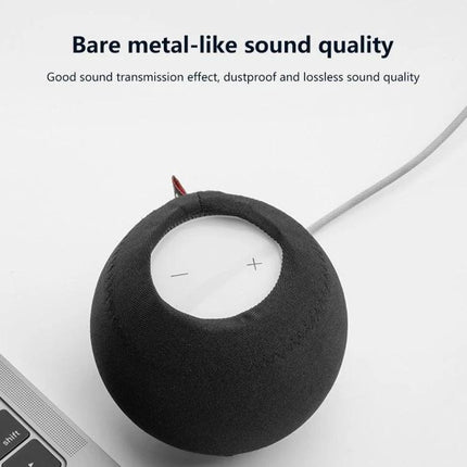 Smart Speaker Dust Cover For Home Shelves And Tables on black smart speaker showing breathable fabric preserving sound and controls