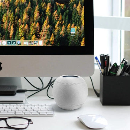 Smart Speaker Dust Cover For Home Shelves And Tables on desk protecting white round smart speaker from dust and scratches