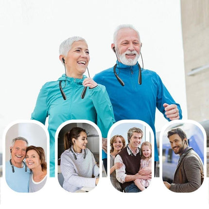 Z3 Free Wireless Hearing Aid for Elderly Daily Use showing elderly couple enjoying clear audio with Bluetooth neckband and family interactions