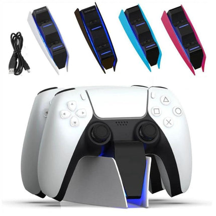 HONCAM Charger for PS5 Controllers Supports Home Gaming Needs - dual USB-C dock with LED for two PS5 controllers, cable included, white and colored variants