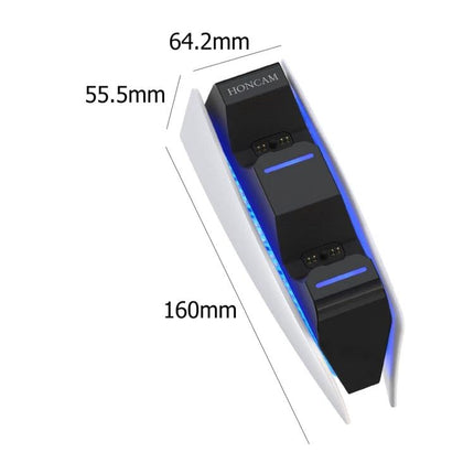 HONCAM Charger for PS5 Controllers Supports Home Gaming Needs - USB-C dual controller charging dock with LED indicators and dimensions