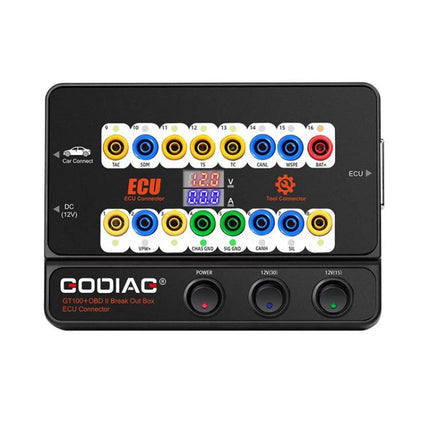 GODIAG Tool for Home Vehicle Diagnostic Maintenance Checks — compact ECU connector box with colored test ports and digital display for home car diagnostics