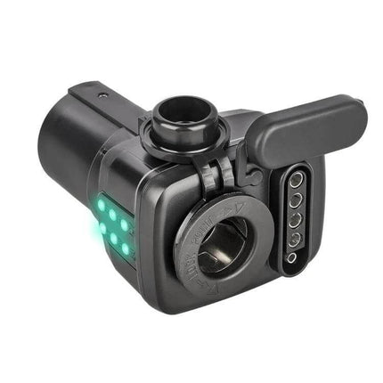 7-Pin to 12V Truck Cigarette Lighter Power Adapter With LED showing 7-way plug, 12V socket, LED indicator and dust cap