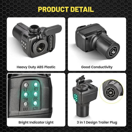 7-Pin to 12V Truck Cigarette Lighter Power Adapter With LED compact 3-in-1 trailer plug showing LED indicators and 12V socket