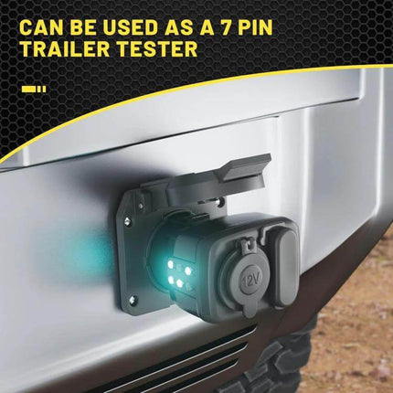 7-Pin to 12V Truck Cigarette Lighter Power Adapter With LED mounted on pickup bumper showing LED-lit 12V socket and 7-pin trailer tester function