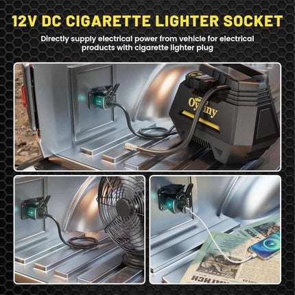 7-Pin to 12V Truck Cigarette Lighter Power Adapter With LED installed in truck bed powering portable fridge, fan and phone charger via 12V socket