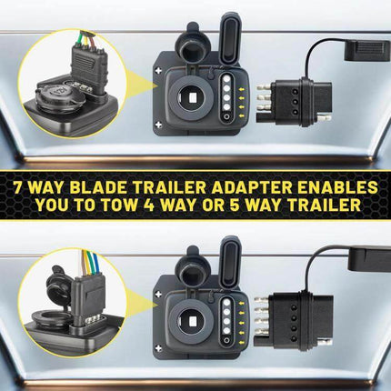 7-Pin to 12V Truck Cigarette Lighter Power Adapter With LED shown connected to 7-way blade trailer plug and 12V cigarette socket for powering devices
