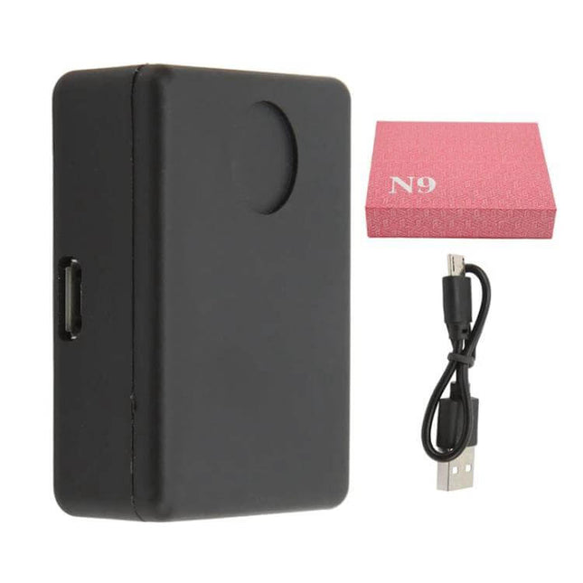 Portable Voice-Activated Anti-Theft Locator for Security Use compact black GSM voice-activated tracker with USB cable and box