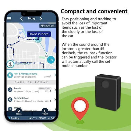 Portable Voice-Activated Anti-Theft Locator for Security Use showing phone app map, compact black locator device and sound-trigger description