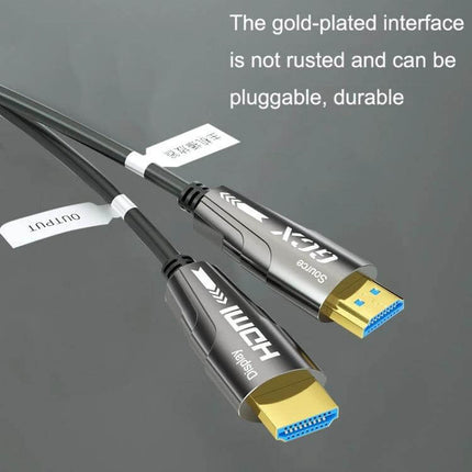 High-Performance HDMI Active Optical Cable for 4K Displays showing gold-plated HDMI connectors and labeled input/output for long-distance 4K@60Hz transmission