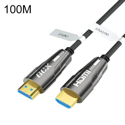 High-Performance HDMI Active Optical Cable for 4K Displays showing gold-plated HDMI connectors and labeled input/output for long-distance 100M transmission