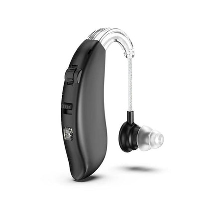 Rechargeable Hearing Aid for Clear Everyday Sound Support - sleek black rechargeable behind-ear device with noise reduction and adjustable earpiece