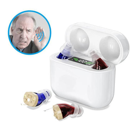 Digital Hearing Aid with Display for Everyday Conversations - compact rechargeable in-ear device with display, DSP chip, noise reduction for clearer speech