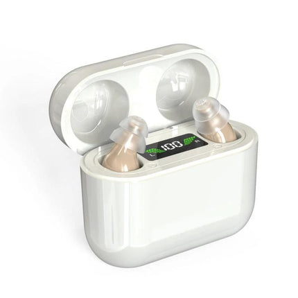 Digital Hearing Aid with Display for Everyday Conversations in white charging case with clear display showing battery level