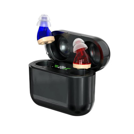 Digital Hearing Aid with Display for Everyday Conversations - compact DSP digital hearing aid with clear display and charging case