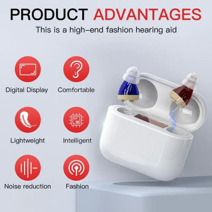 Digital Hearing Aid with Display for Everyday Conversations, compact earbuds-style DSP hearing aids with charging case, noise reduction and digital display