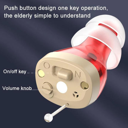 Digital Hearing Aid with Display for Everyday Conversations small red earbud showing on/off key and volume knob for easy one-button operation