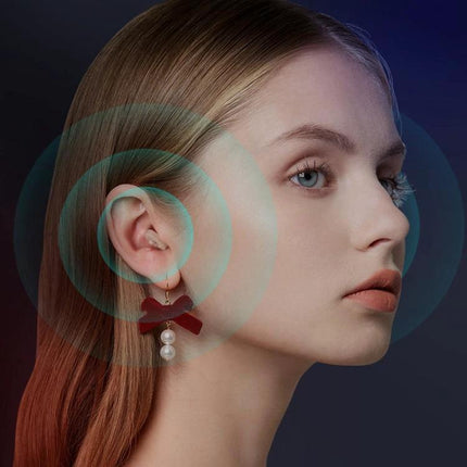 Digital Hearing Aid with Display for Everyday Conversations shown on young woman with subtle soundwave graphics, clear display and DSP chip benefits