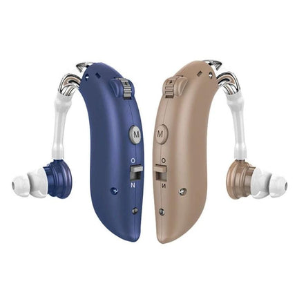 Ear-Hook Rechargeable Noise Cancelling Hearing Aid for Seniors shown in blue and beige with ear-hook design and in-ear silicone tips