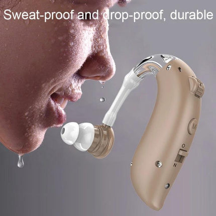 Ear-Hook Rechargeable Noise Cancelling Hearing Aid for Seniors shown sweat-proof ear-hook device with clear sound and noise reduction