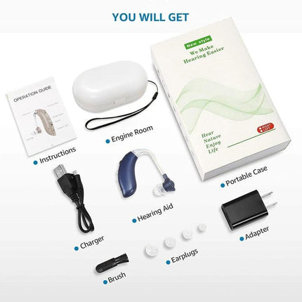 Ear-Hook Rechargeable Noise Cancelling Hearing Aid for Seniors with charger, portable case, earhooks and accessories laid out