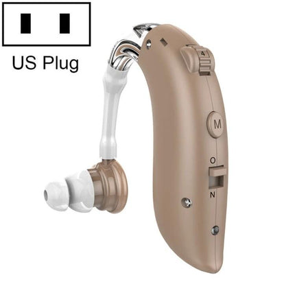 Ear-Hook Rechargeable Noise Cancelling Hearing Aid for Seniors shown in beige with ear-hook design, volume controls and silicone ear tip