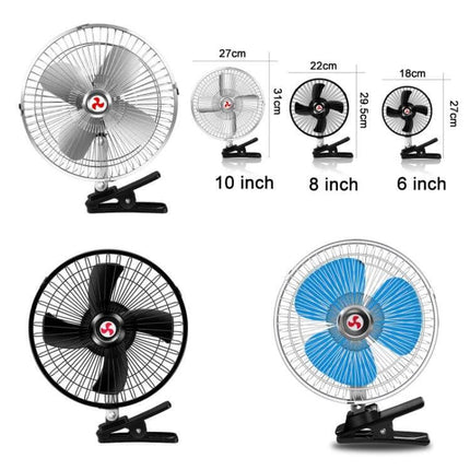 Car Clip Fan 10 Inch for Vehicles, Compact, Easy Cooling - 10/8/6 inch metal clip fans with full copper motor, 12V/24V, ABS body for dashboard or seat back placement