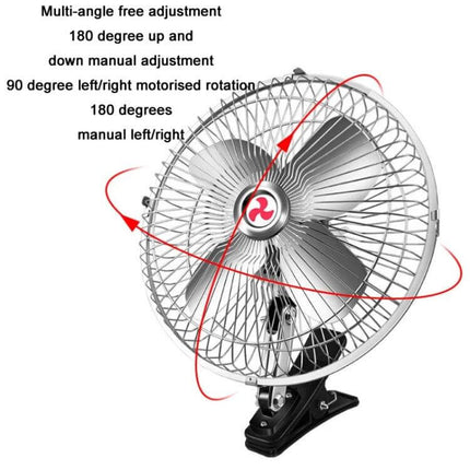 Car Clip Fan 10 Inch for Vehicles, Compact, Easy Cooling - 10-inch metal clip fan with full copper motor, 12V/24V, multi-angle adjustable for dashboard or seat back