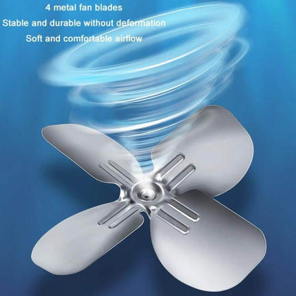 Car Clip Fan 10 Inch for Vehicles, Compact, Easy Cooling - close-up of 4 metal fan blades and spinning airflow, durable metal frame and ABS body