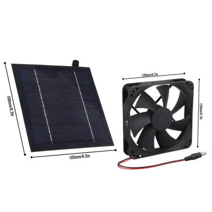 Solar-Powered Exhaust Fan for Kitchen and Bathroom Ventilation shown with solar panel and 120mm fan for ventilation