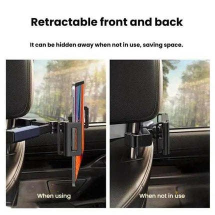 Car Rear Pillow Phone Tablet Bracket Rotates 360 Degrees showing retractable front and back mount on headrest holding phone and stowed position