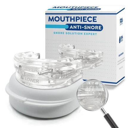 Dental Tray Adjustable Snoring Aid For Night Use Adults clear adjustable mouthpiece with box, case, and magnified micro-adjustment view