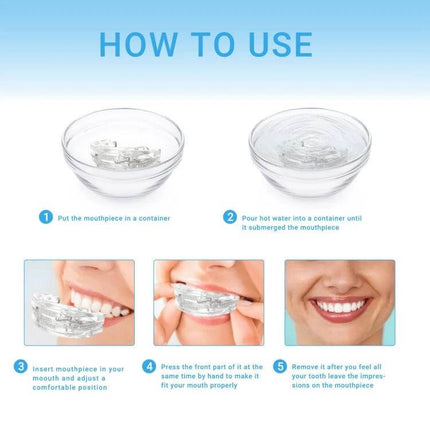 Dental Tray Adjustable Snoring Aid For Night Use Adults showing how to boil, fit, adjust, and wear the flexible mouthpiece for comfort