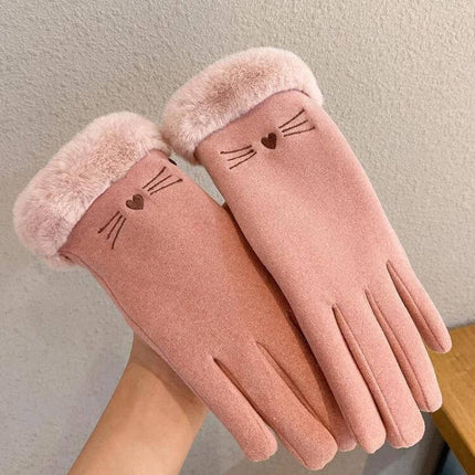 Keep Warm Touch Screen Velvet Riding Gloves for Cold Weather - Pink velvet gloves with plush cuff and touchscreen friendly embroidered cat face