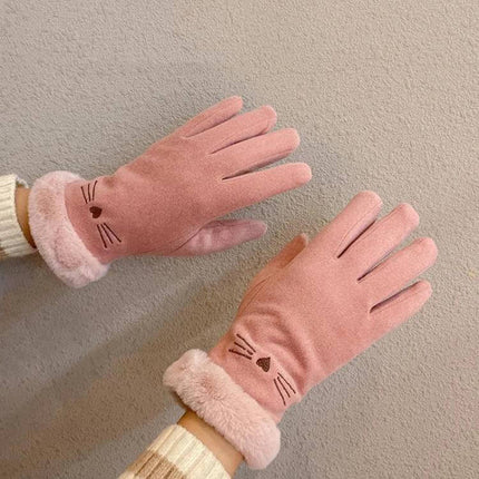 Keep Warm Touch Screen Velvet Riding Gloves for Cold Weather pink velvet touchscreen gloves with plush lining and cute cat face embroidery