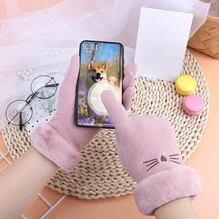 Keep Warm Touch Screen Velvet Riding Gloves for Cold Weather - Pink velvet touchscreen riding gloves with cat embroidery using smartphone