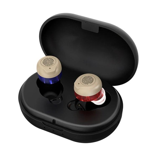Wireless Magnetic Charging Hearing Aids for Elderly Use - compact magnetic charging case with two beige ear buds for easy daily listening