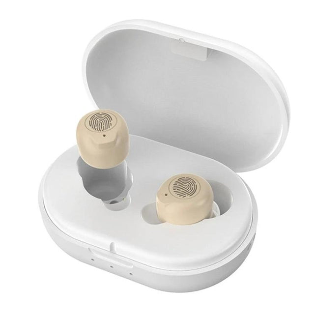 Wireless Magnetic Charging Hearing Aids for Elderly Use compact beige earbuds in white magnetic charging case