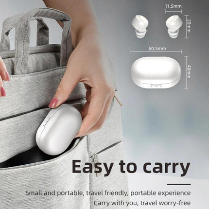 Wireless Magnetic Charging Hearing Aids for Elderly Use compact white charging case and earbuds shown being placed into a bag, easy to carry