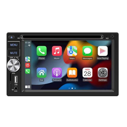6.2-Inch Bluetooth Car DVD Player for In-Car Entertainment showing touchscreen with Apple CarPlay icons, radio and USB controls