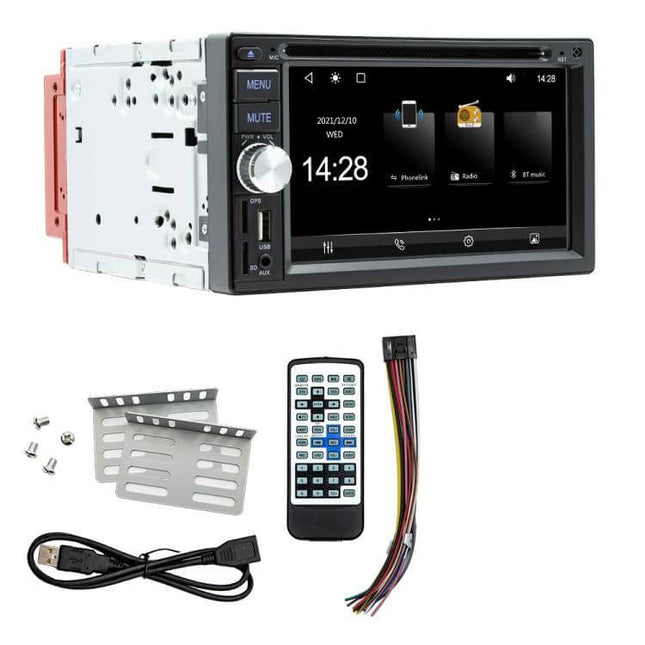 6.2-Inch Bluetooth Car DVD Player for In-Car Entertainment with touchscreen, remote, USB, wiring harness and mounting brackets