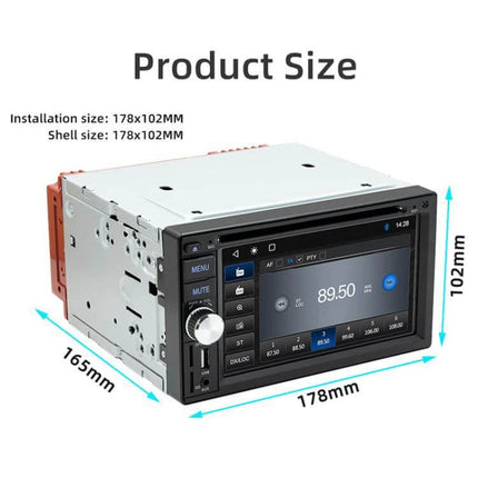 6.2-Inch Bluetooth Car DVD Player for In-Car Entertainment showing dimensions 178x102x165mm with touchscreen radio and Bluetooth