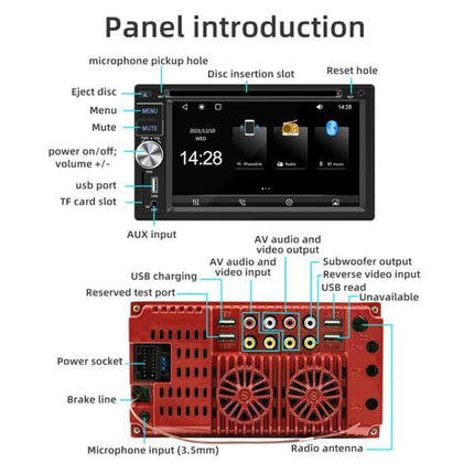 6.2-Inch Bluetooth Car DVD Player for In-Car Entertainment front panel with touchscreen, ports, AV outputs, USB, TF card slot and antenna connections