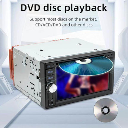 6.2-Inch Bluetooth Car DVD Player for In-Car Entertainment showing DVD disc playback, Bluetooth audio, radio and media connectivity