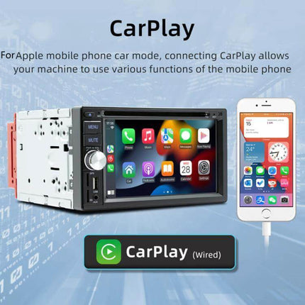 6.2-Inch Bluetooth Car DVD Player for In-Car Entertainment showing touchscreen CarPlay interface with iPhone connected via wired CarPlay